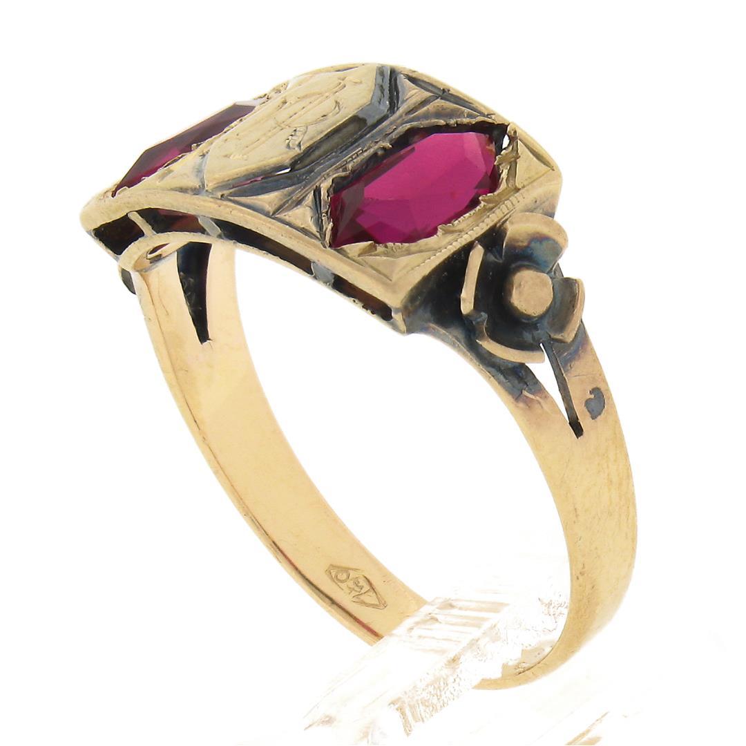Antique Victorian 18K Rosy Yellow Gold Lozenge Kite Red Stone Signet Band Ring