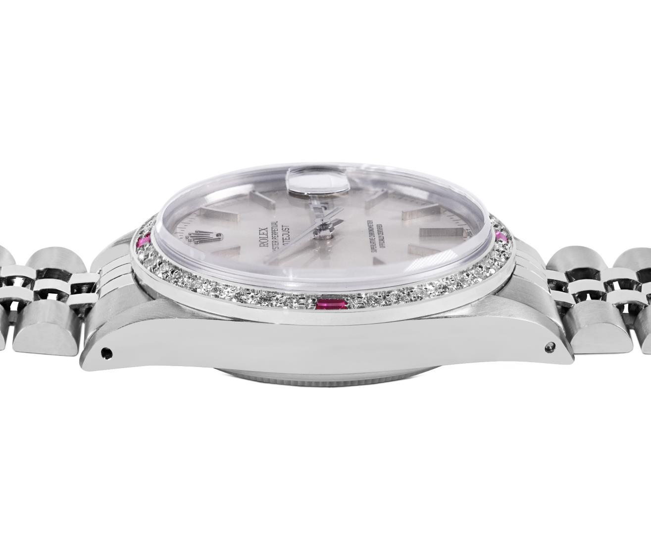 Rolex Mens Stainless Steel 36MM Silver Index Diamond And Ruby Datejust With Role
