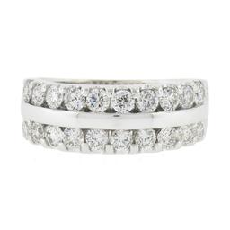 14k White Gold 1.20 ctw Dual Row Round Diamond w/ Polished Center Wide Band Ring