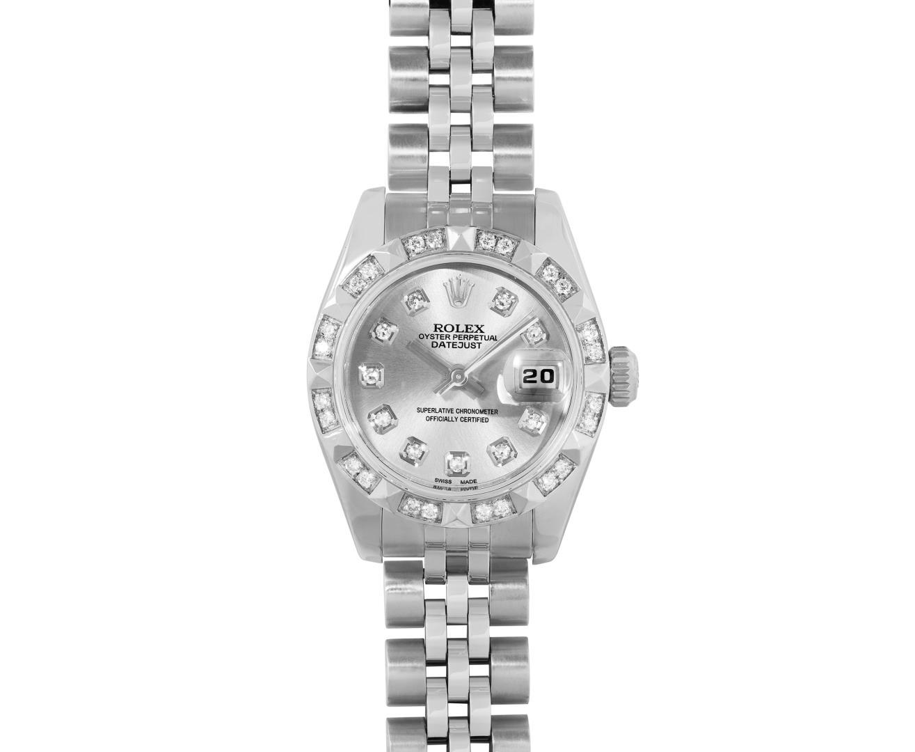 Rolex Ladies Stainless Steel Quickset Sapphire Silver Pyramid Diamond Datejust H