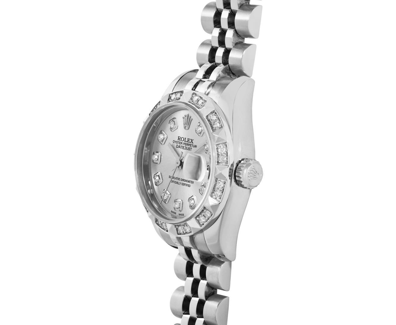 Rolex Ladies Stainless Steel Quickset Sapphire Silver Pyramid Diamond Datejust H