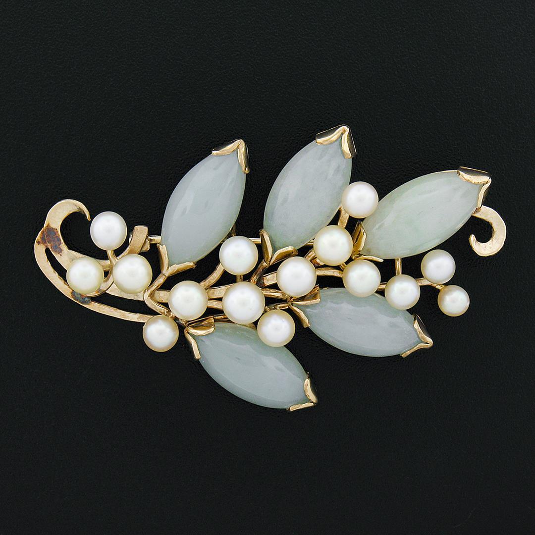 Ming's 14K Gold Marquise Cabochon Jade Cultured Pearl Branch Cluster Pin Brooch