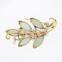 Ming's 14K Gold Marquise Cabochon Jade Cultured Pearl Branch Cluster Pin Brooch