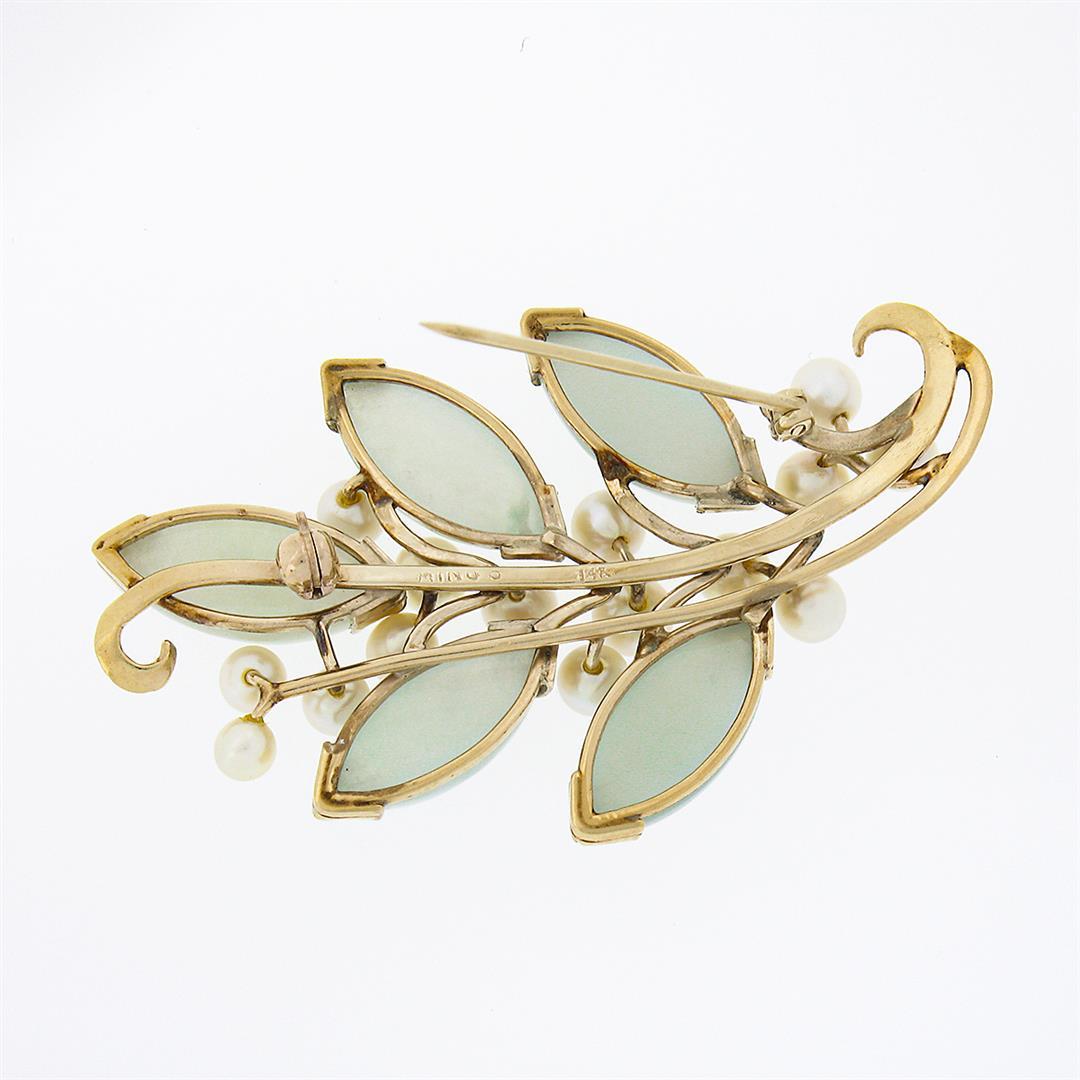 Ming's 14K Gold Marquise Cabochon Jade Cultured Pearl Branch Cluster Pin Brooch