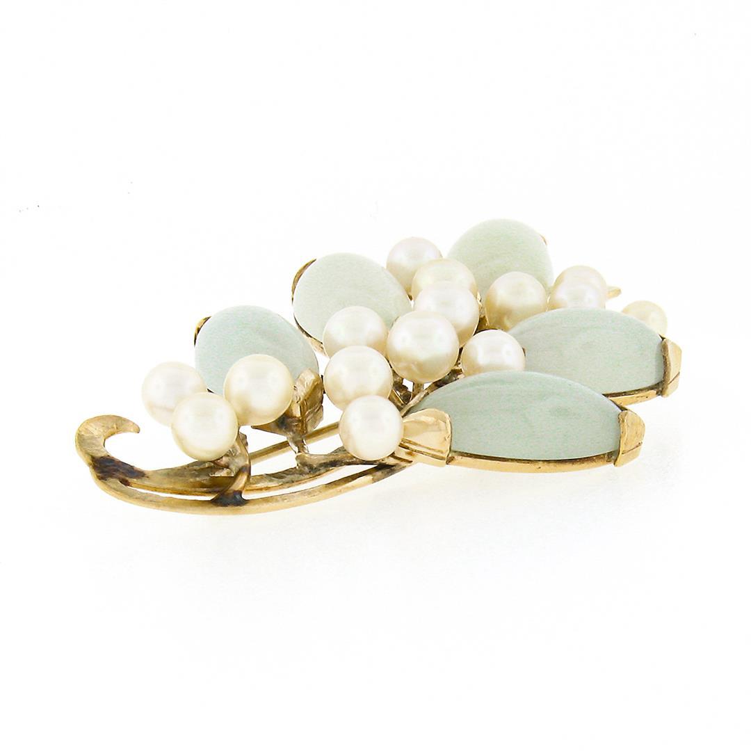 Ming's 14K Gold Marquise Cabochon Jade Cultured Pearl Branch Cluster Pin Brooch