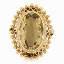 Vintage 18k Gold Milgrain Bezel Oval Citrine Open Work Beaded Large Platter Ring