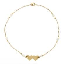 14k Yellow Gold 9" Dual Heart w/ Pearl Station Cable Link Ankle Bracelet Anklet