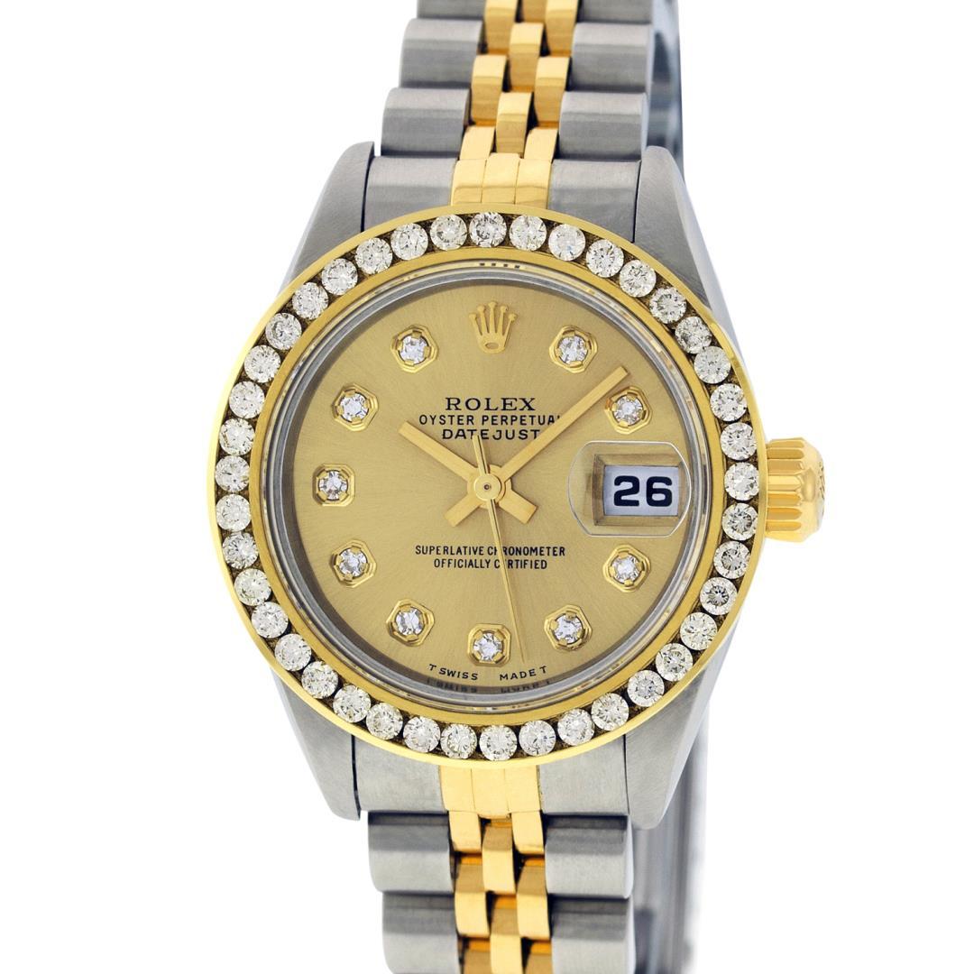 Rolex Ladies Quickset Two Tone Champagne Channel Set Diamond Datejust Wristwatch