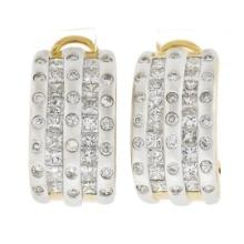 18K Gold 2.3 ctw Channel Princess & Burnish Round Diamond 5 Row Cuff Omega Earri