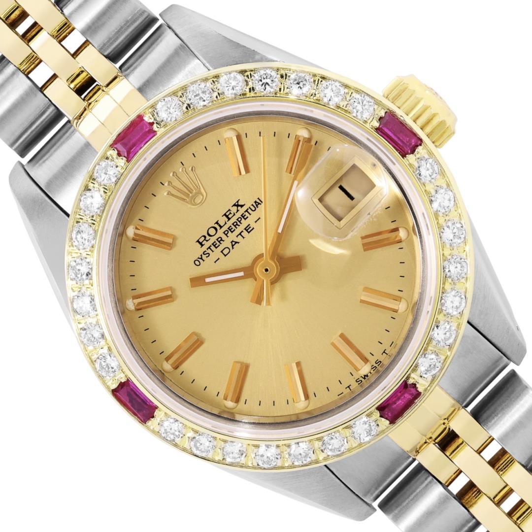 Rolex Ladies Two Tone Champagne Index Diamond And Ruby Date Watch With Rolex Box