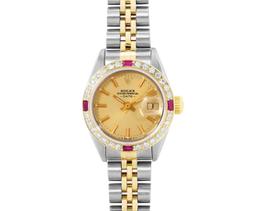 Rolex Ladies Two Tone Champagne Index Diamond And Ruby Date Watch With Rolex Box