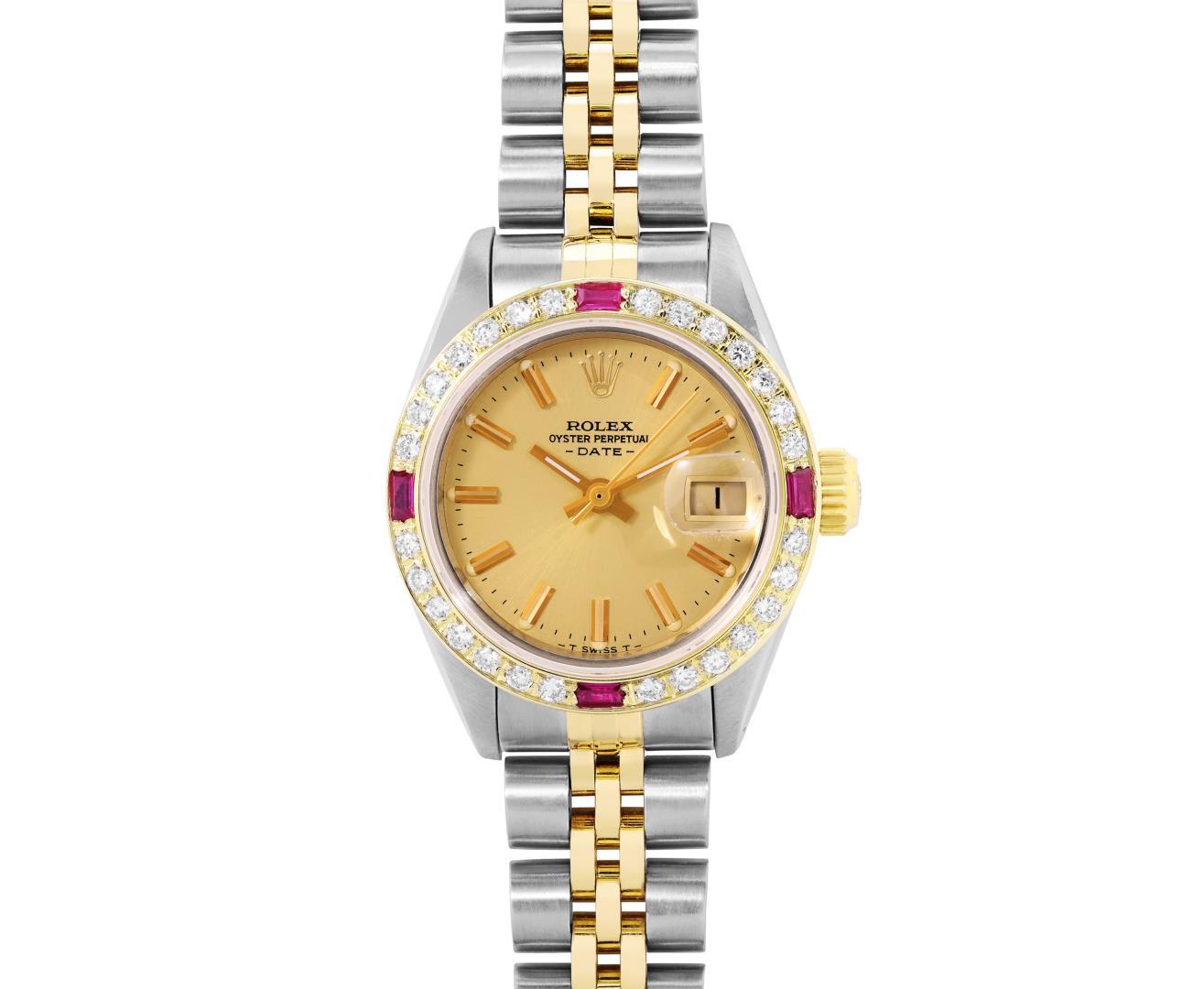 Rolex Ladies Two Tone Champagne Index Diamond And Ruby Date Watch With Rolex Box