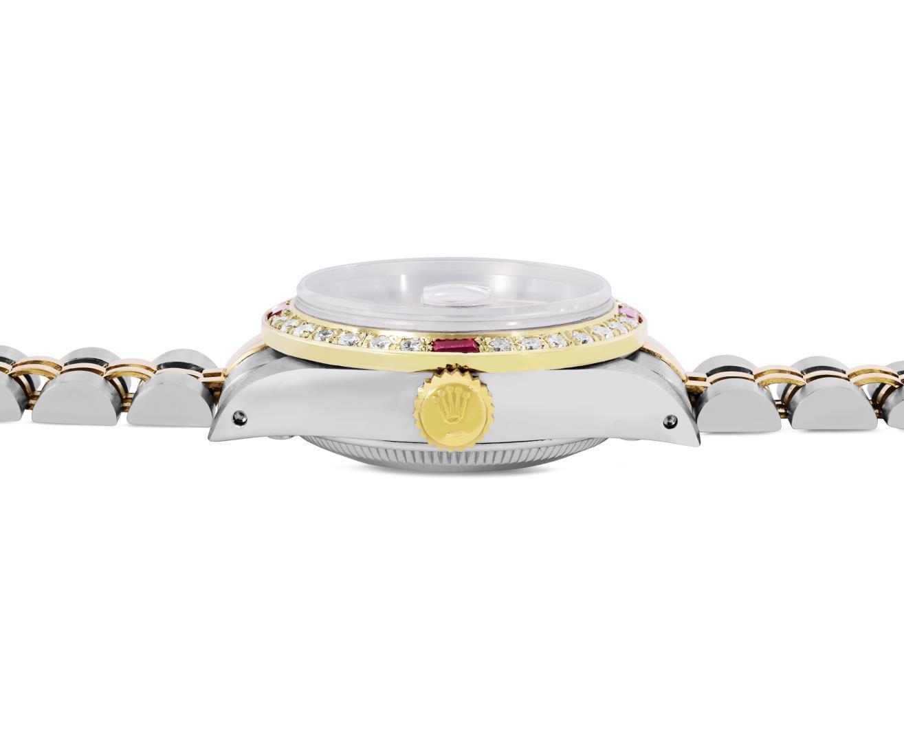 Rolex Ladies Two Tone Champagne Index Diamond And Ruby Date Watch With Rolex Box
