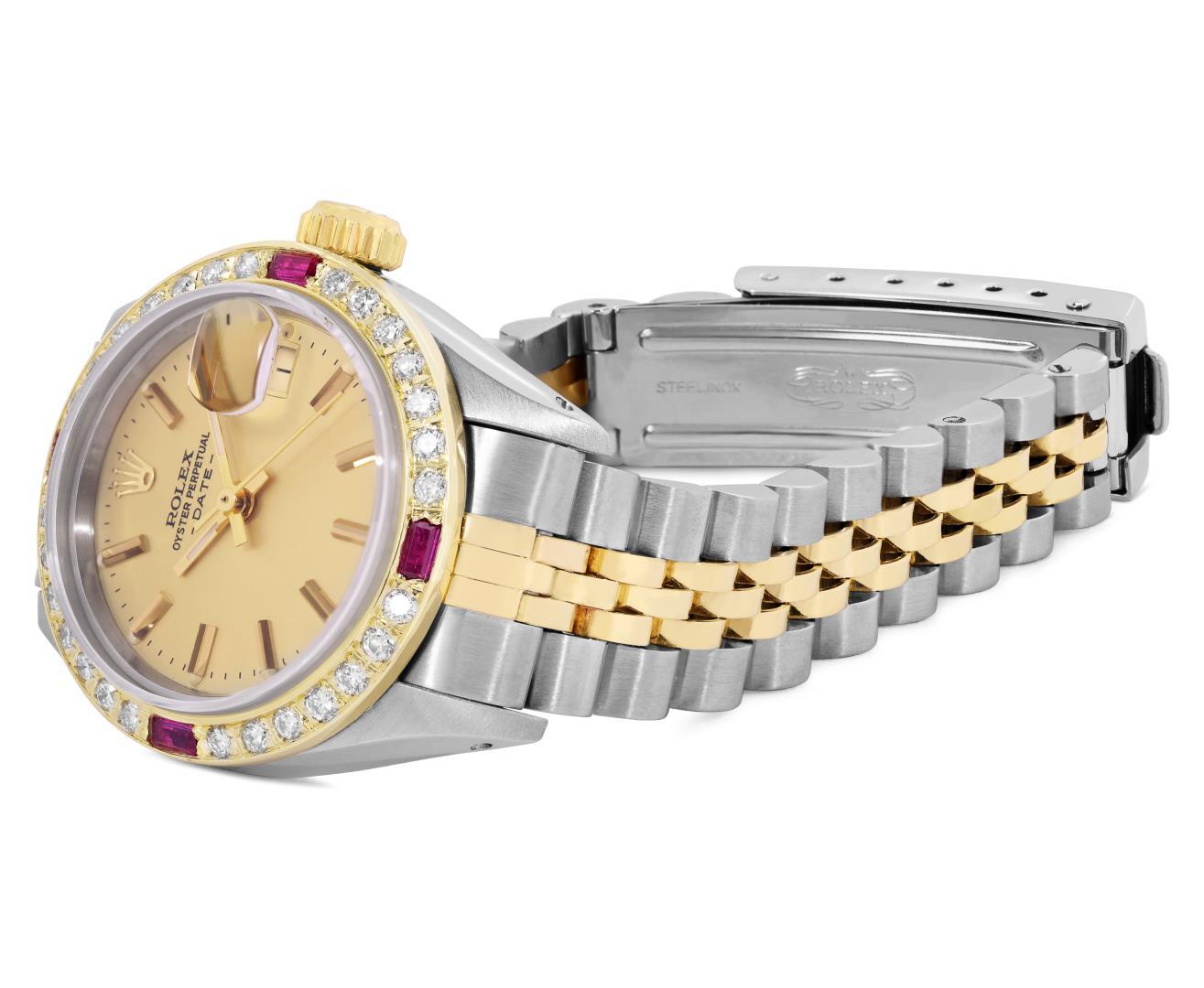 Rolex Ladies Two Tone Champagne Index Diamond And Ruby Date Watch With Rolex Box