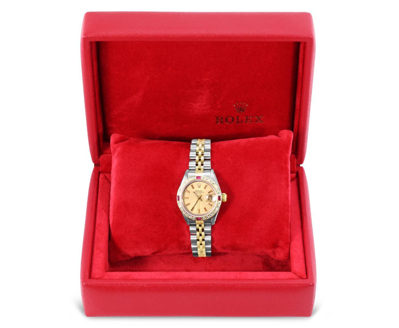 Rolex Ladies Two Tone Champagne Index Diamond And Ruby Date Watch With Rolex Box