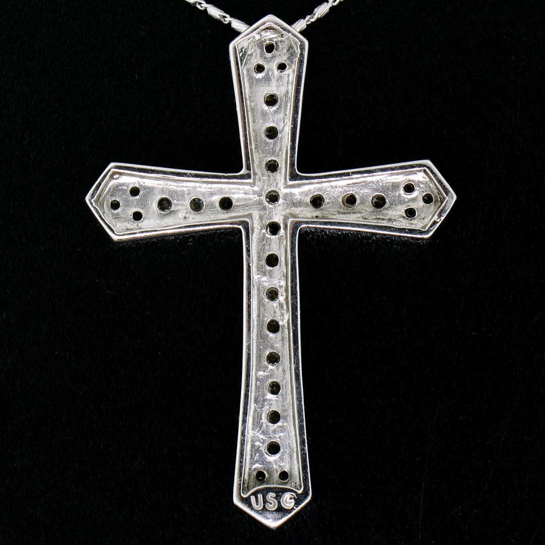 Large 14k White Gold 1.18 ctw Round Diamond Cross Pendant w/ 18" Fancy Link Chai