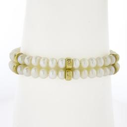 7" Dual Row Round Cultured Pearl Strand Bracelet w/ 14k Gold Clasp & Bar Spacers