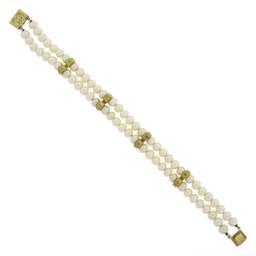 7" Dual Row Round Cultured Pearl Strand Bracelet w/ 14k Gold Clasp & Bar Spacers