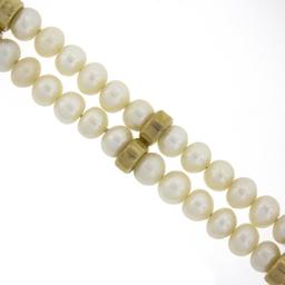 7" Dual Row Round Cultured Pearl Strand Bracelet w/ 14k Gold Clasp & Bar Spacers