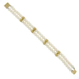 7" Dual Row Round Cultured Pearl Strand Bracelet w/ 14k Gold Clasp & Bar Spacers