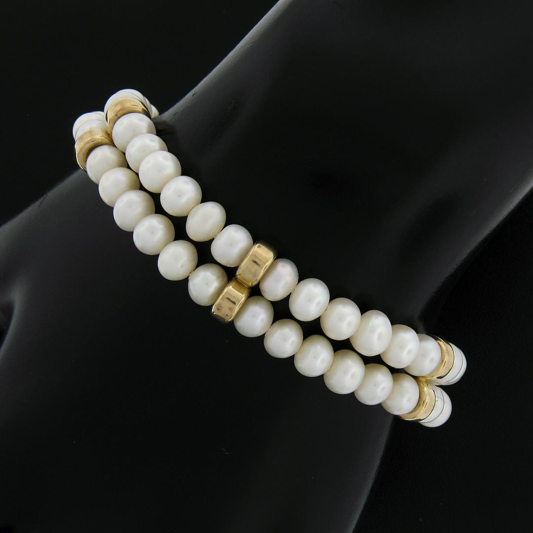 7" Dual Row Round Cultured Pearl Strand Bracelet w/ 14k Gold Clasp & Bar Spacers