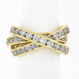 French 18k Gold Cubic Zirconia Channel Rolling Trinity Crossover Three Band Ring