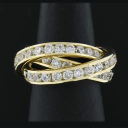 French 18k Gold Cubic Zirconia Channel Rolling Trinity Crossover Three Band Ring
