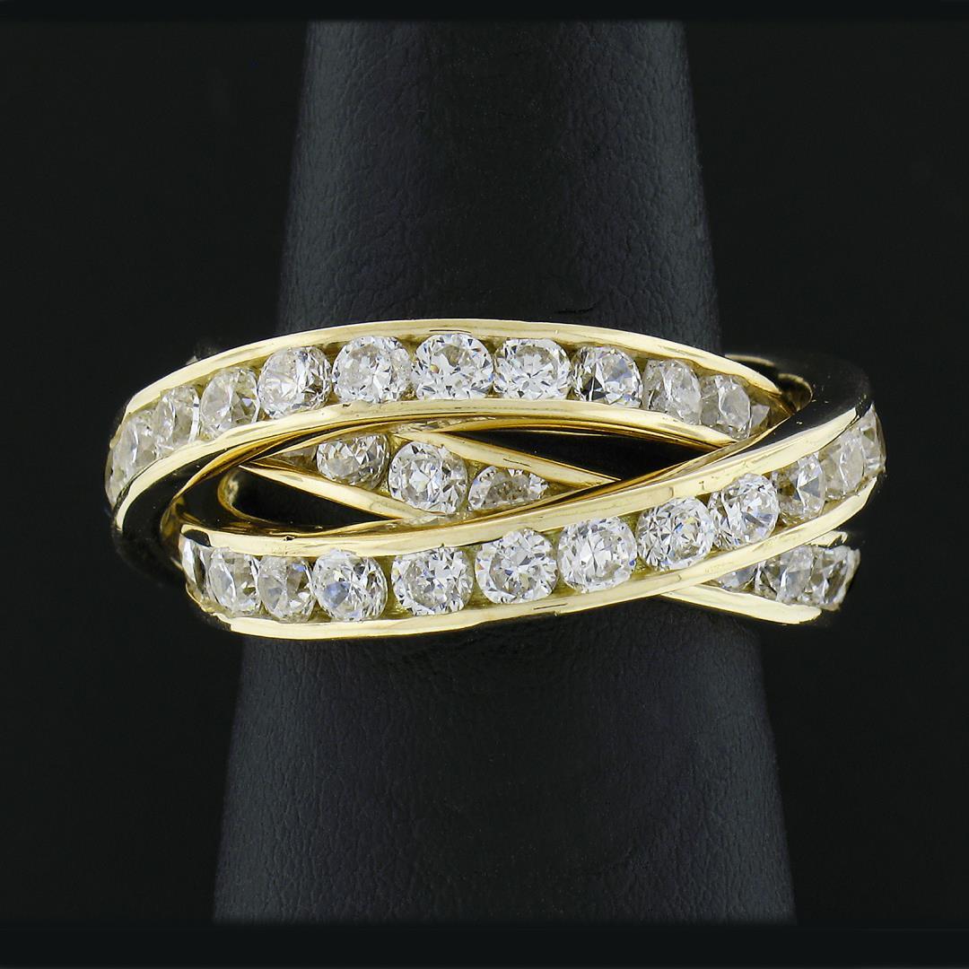 French 18k Gold Cubic Zirconia Channel Rolling Trinity Crossover Three Band Ring