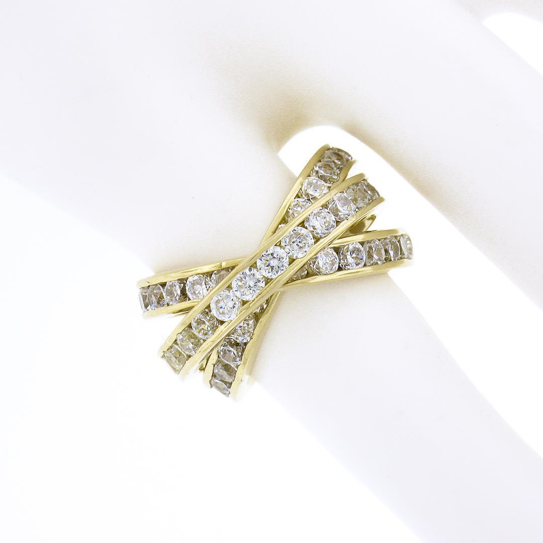 French 18k Gold Cubic Zirconia Channel Rolling Trinity Crossover Three Band Ring