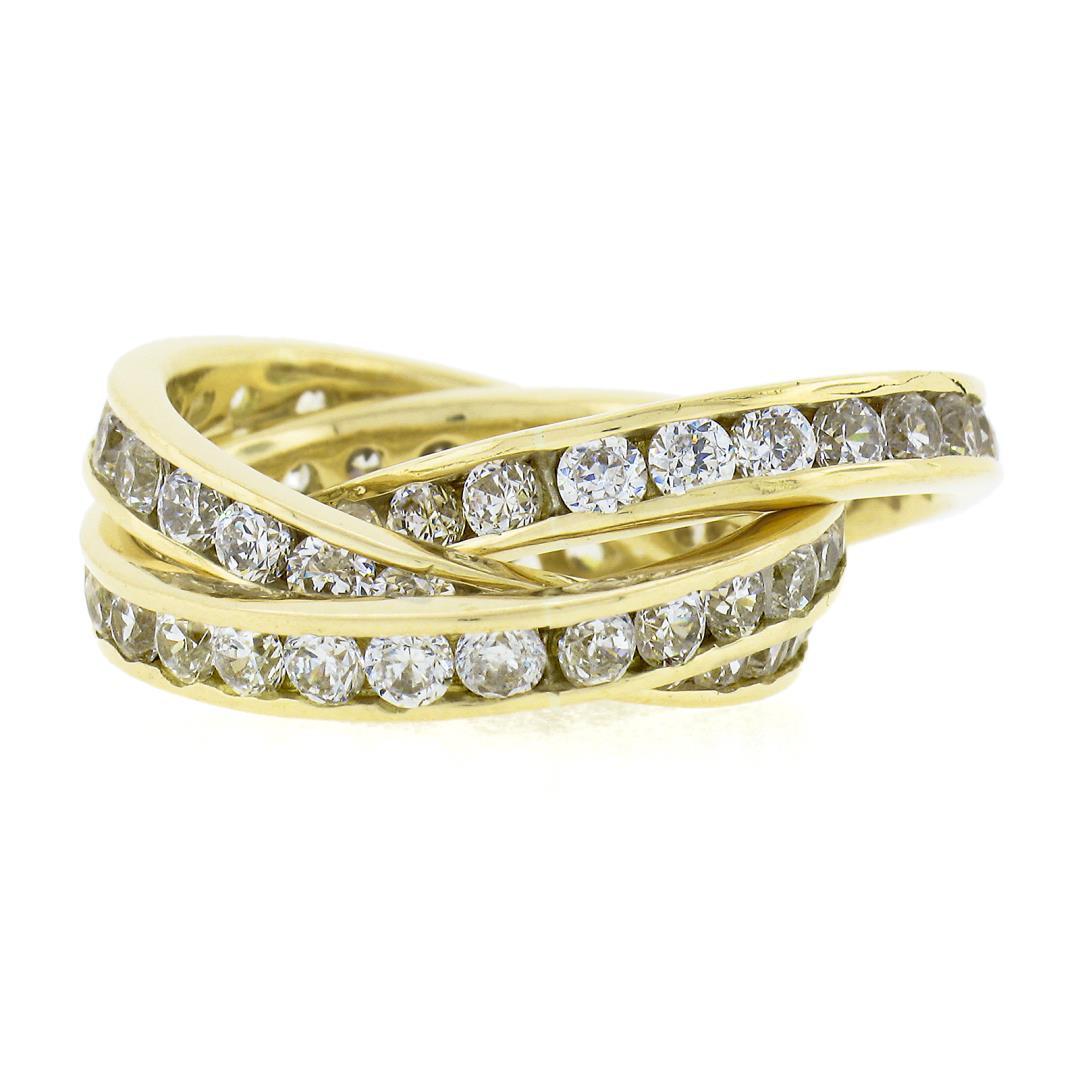 French 18k Gold Cubic Zirconia Channel Rolling Trinity Crossover Three Band Ring