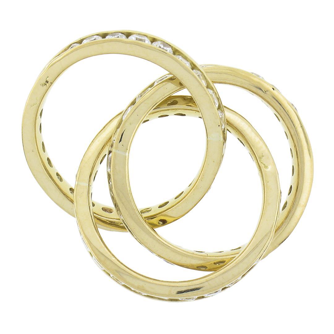 French 18k Gold Cubic Zirconia Channel Rolling Trinity Crossover Three Band Ring