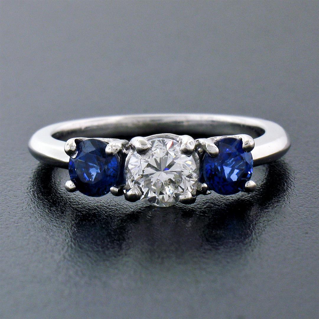 Solid Platinum 1.32 ctw Round Brilliant Prong Sapphire Diamond 3 Three Stone Rin
