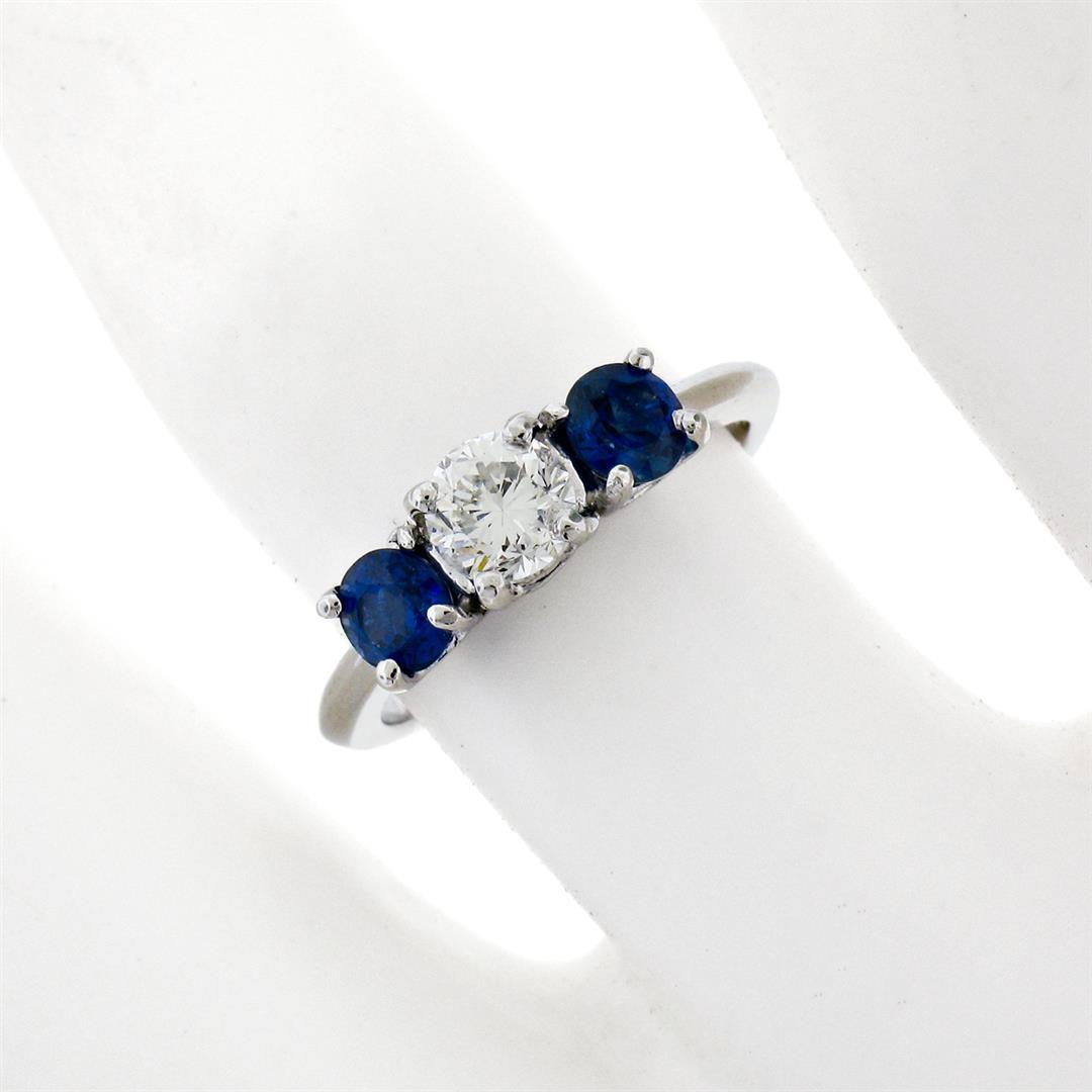 Solid Platinum 1.32 ctw Round Brilliant Prong Sapphire Diamond 3 Three Stone Rin