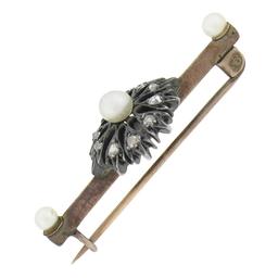 Antique Victorian Gold & Silver 0.30 ctw Diamond & Pearl Floral Bar Pin Brooch