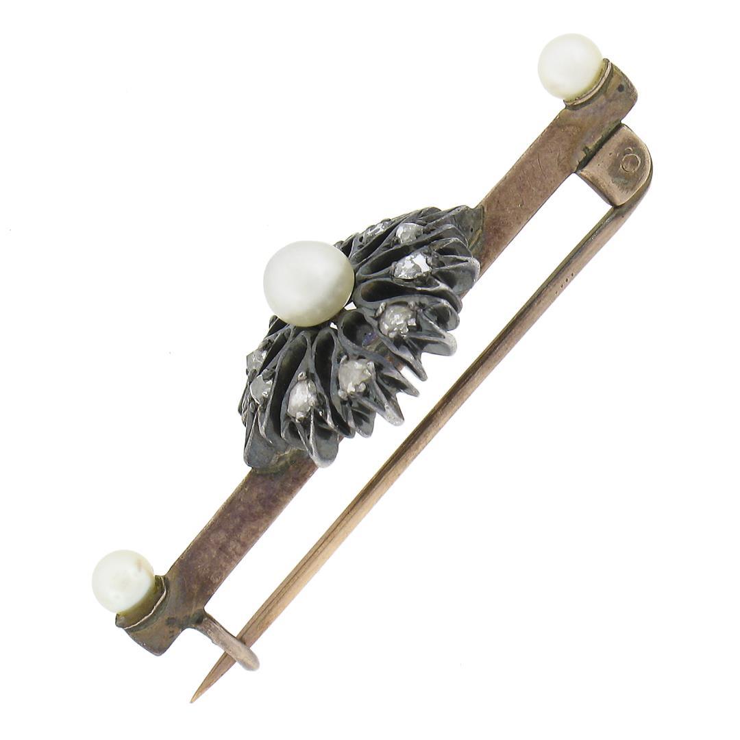 Antique Victorian Gold & Silver 0.30 ctw Diamond & Pearl Floral Bar Pin Brooch