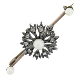 Antique Victorian Gold & Silver 0.30 ctw Diamond & Pearl Floral Bar Pin Brooch