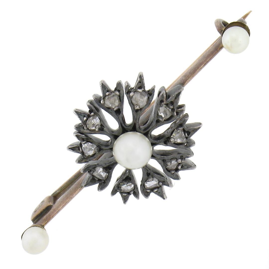 Antique Victorian Gold & Silver 0.30 ctw Diamond & Pearl Floral Bar Pin Brooch