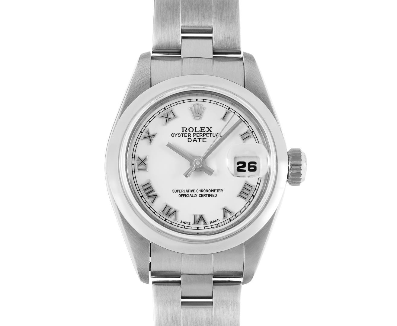Rolex Ladies Stainless Steel Sapphire Quickset White Roman Smooth Bezel Oyster B