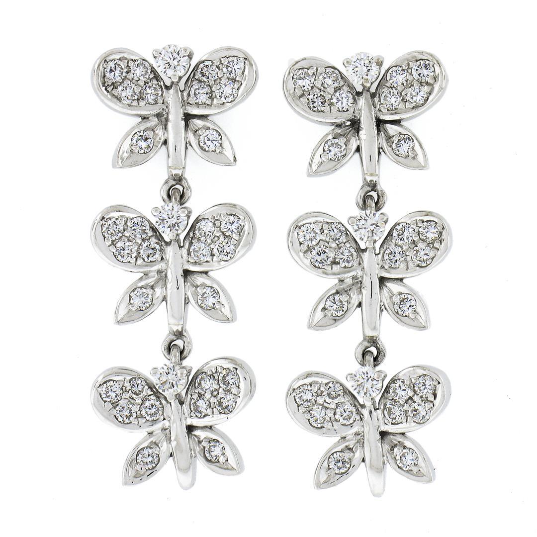 Fancy 18k White Gold 0.80 ctw Round Diamond 3 Tier Butterfly Drop Dangle Earring