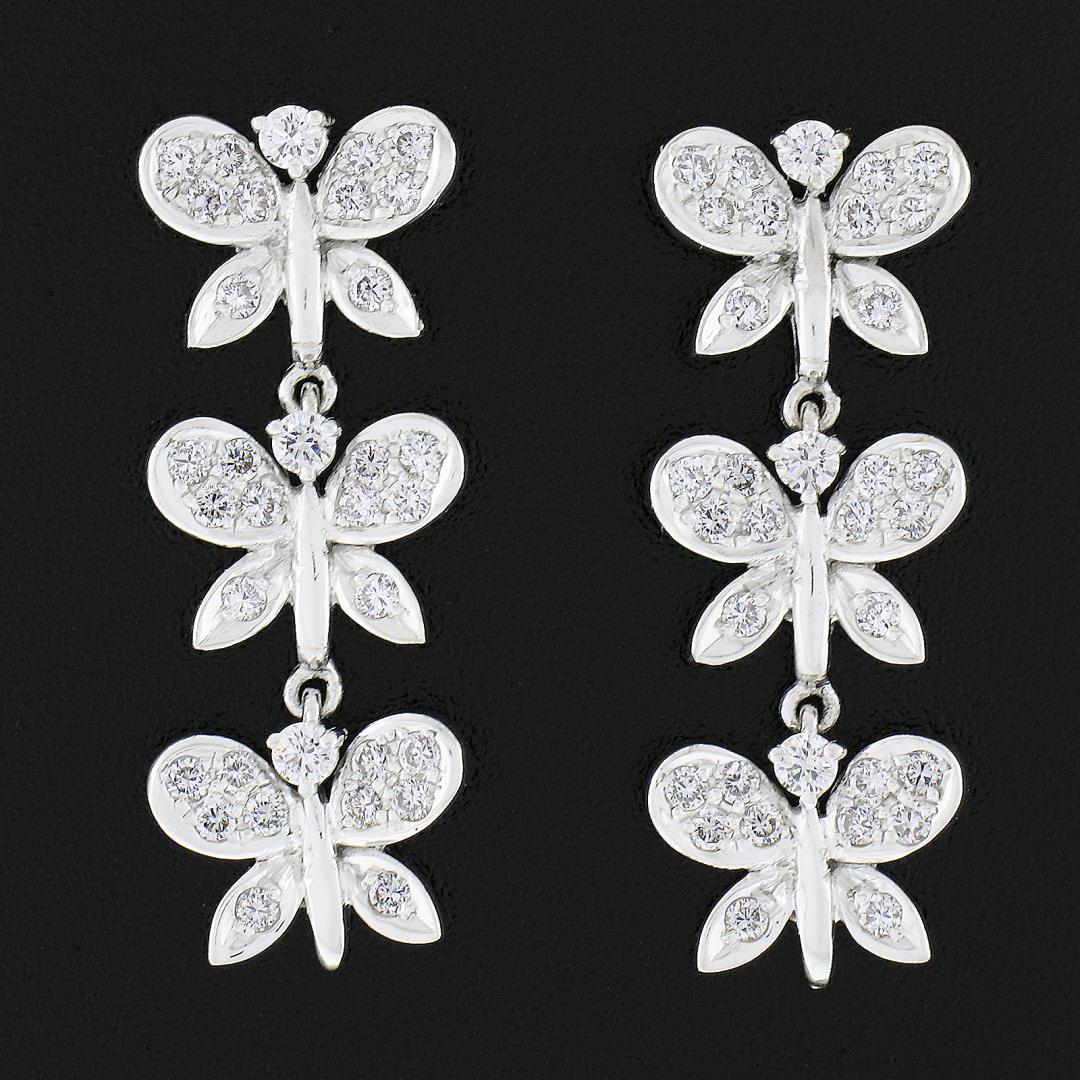 Fancy 18k White Gold 0.80 ctw Round Diamond 3 Tier Butterfly Drop Dangle Earring