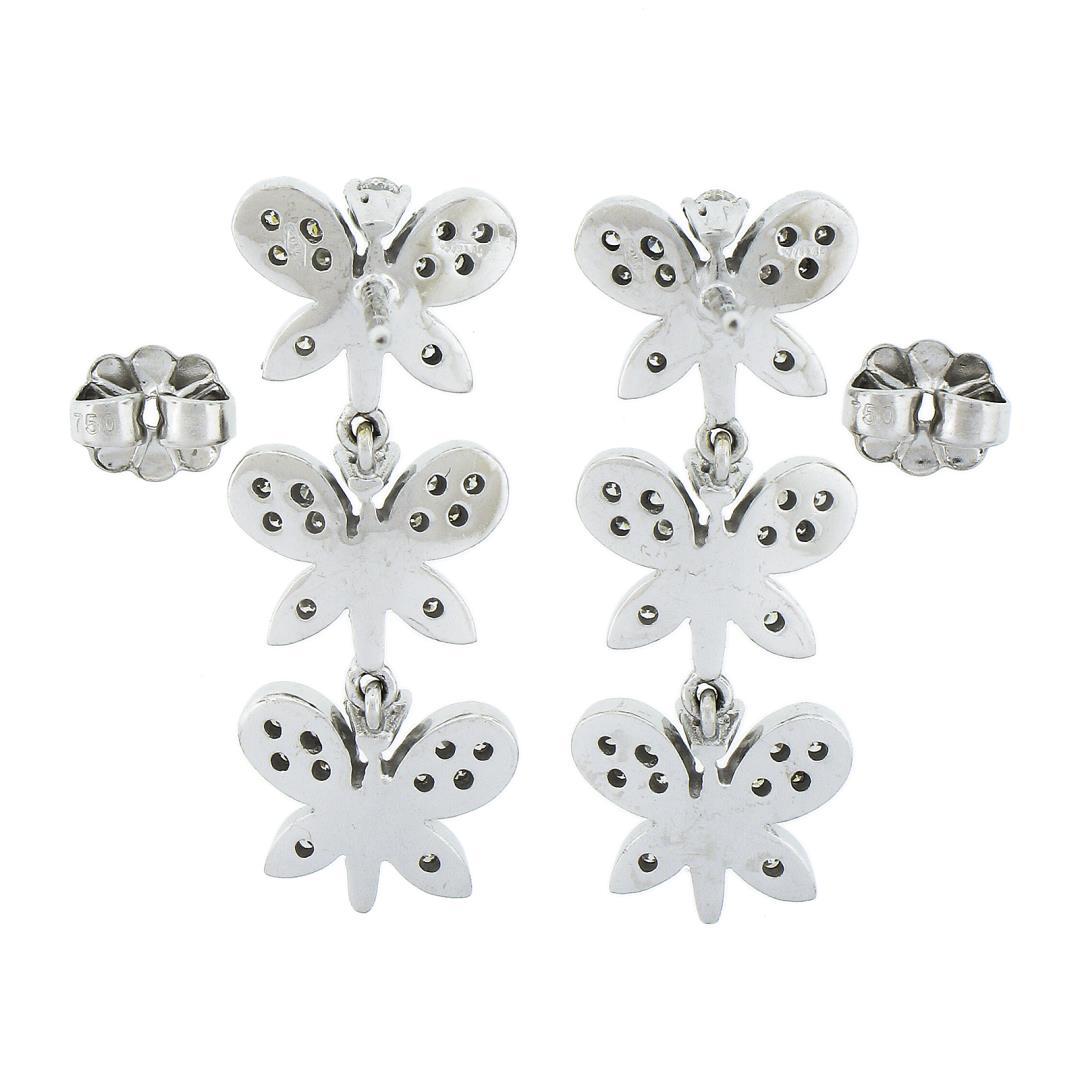 Fancy 18k White Gold 0.80 ctw Round Diamond 3 Tier Butterfly Drop Dangle Earring
