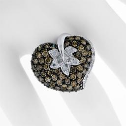 10k White Gold 3.10 ctw Brown and White Diamond Leaf Heart Cluster Ring