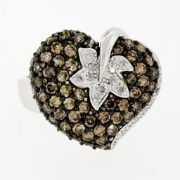 10k White Gold 3.10 ctw Brown and White Diamond Leaf Heart Cluster Ring