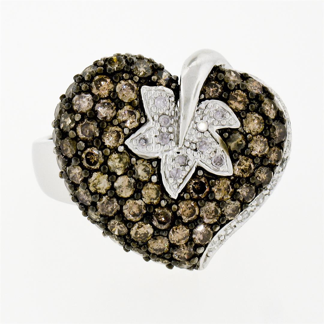 10k White Gold 3.10 ctw Brown and White Diamond Leaf Heart Cluster Ring