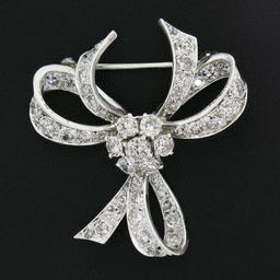 Vintage Solid Platinum 1.95 ctw Old Cut Diamond Ribbon Bow Flower Pin Brooch
