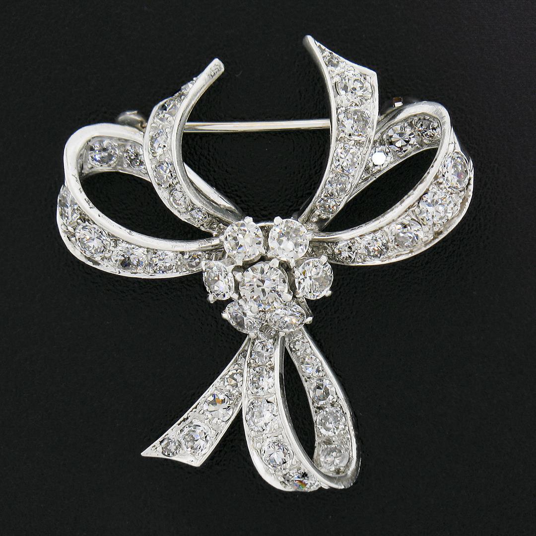Vintage Solid Platinum 1.95 ctw Old Cut Diamond Ribbon Bow Flower Pin Brooch