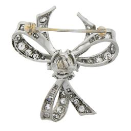 Vintage Solid Platinum 1.95 ctw Old Cut Diamond Ribbon Bow Flower Pin Brooch