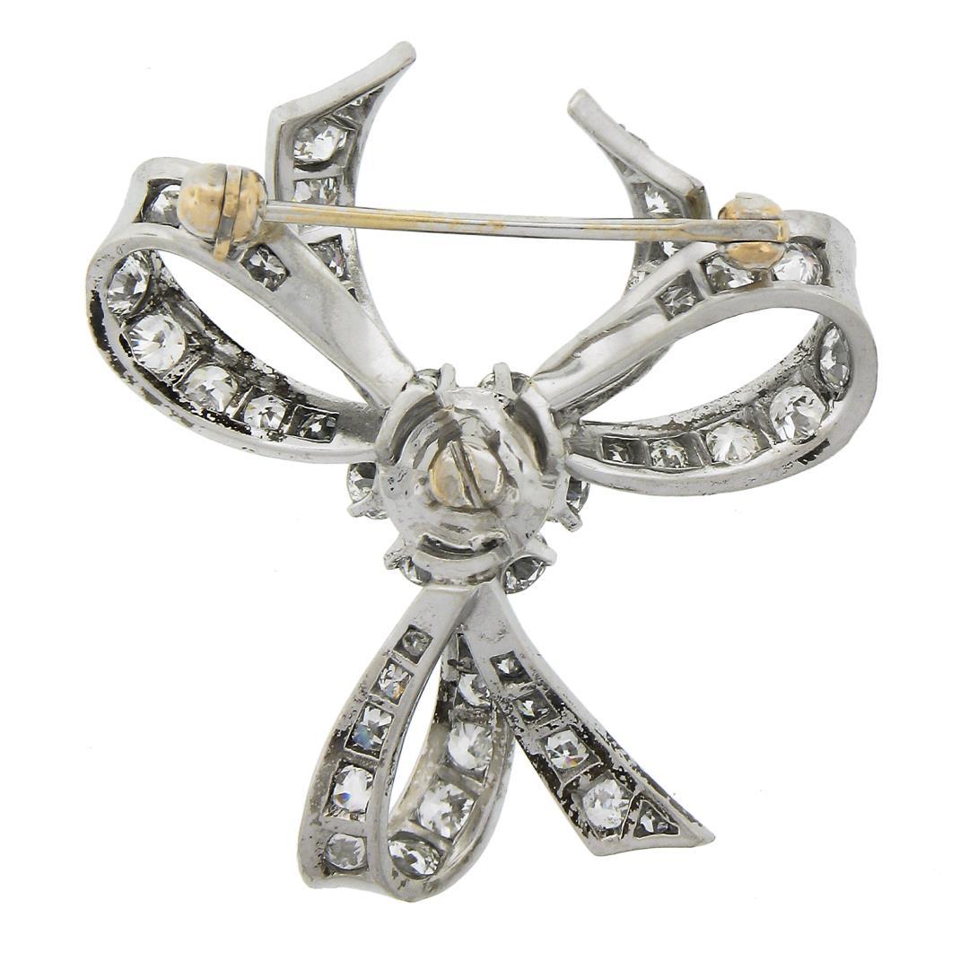Vintage Solid Platinum 1.95 ctw Old Cut Diamond Ribbon Bow Flower Pin Brooch