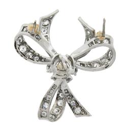 Vintage Solid Platinum 1.95 ctw Old Cut Diamond Ribbon Bow Flower Pin Brooch