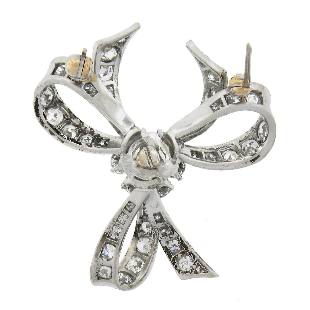 Vintage Solid Platinum 1.95 ctw Old Cut Diamond Ribbon Bow Flower Pin Brooch